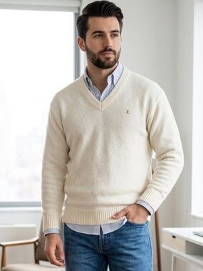 VINTAGE Men's/Unisex Cream V-Neck acrylic long sleeved Sweater Sze Medium